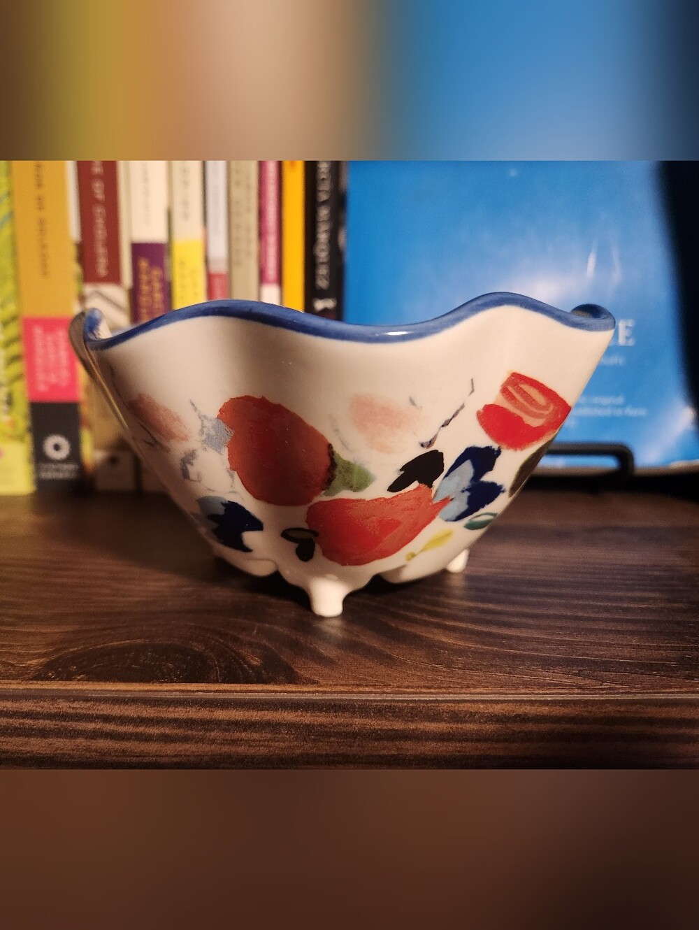 Anthropologie White Ceramic Footed Berry Bowl Blue Rim Red Floral Motif